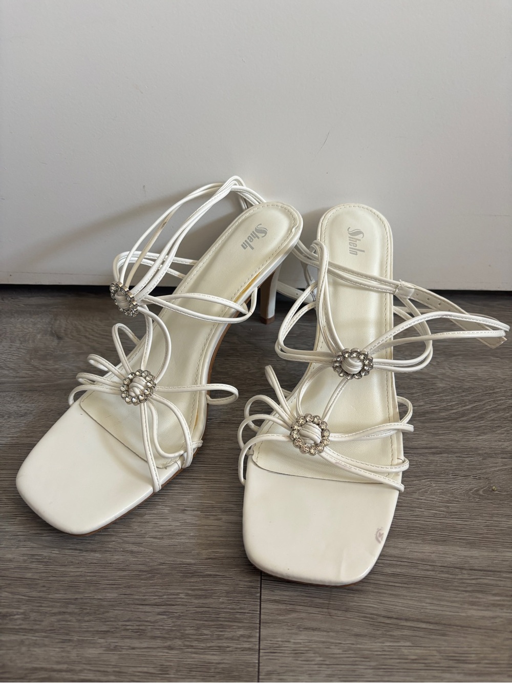 White Rhinestone-Strappy Heeled Sandals